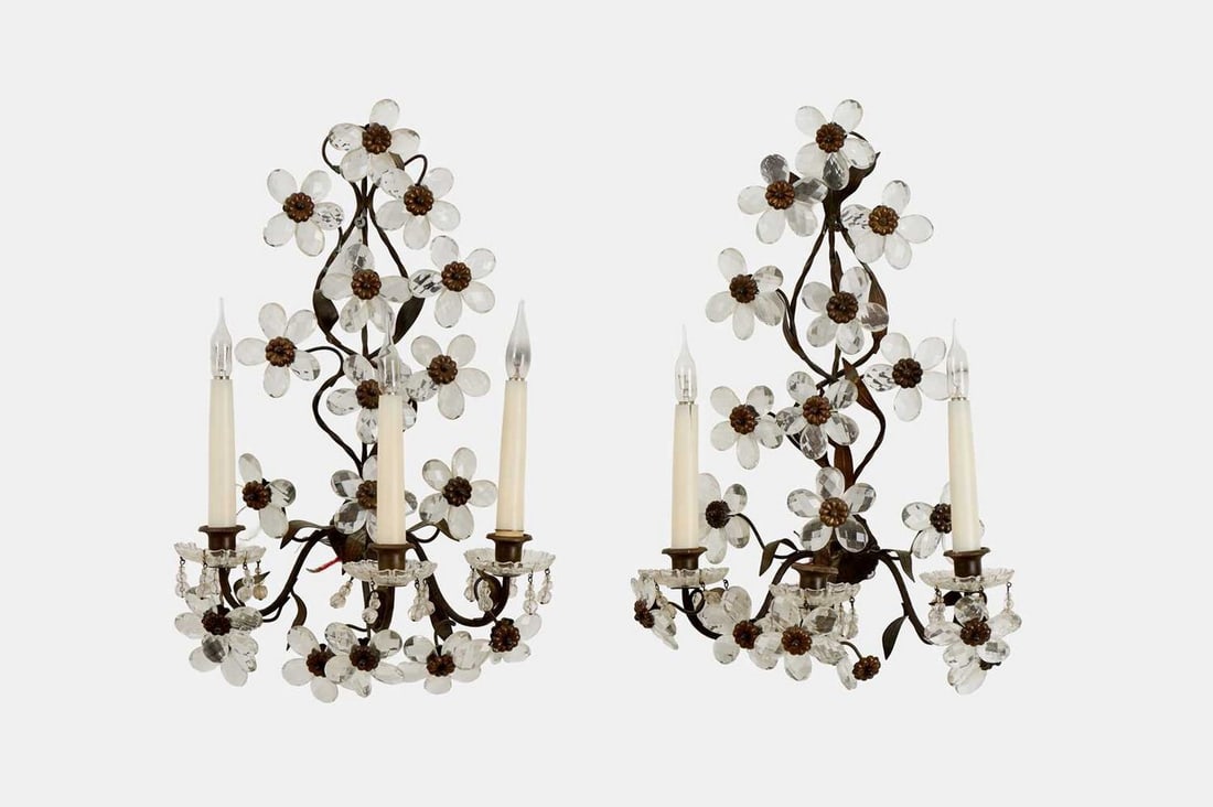 A pair of cut-glass and gilt-metal wall lights, 20th century, in the manner of Maison Bagu?s, (1 of 2)