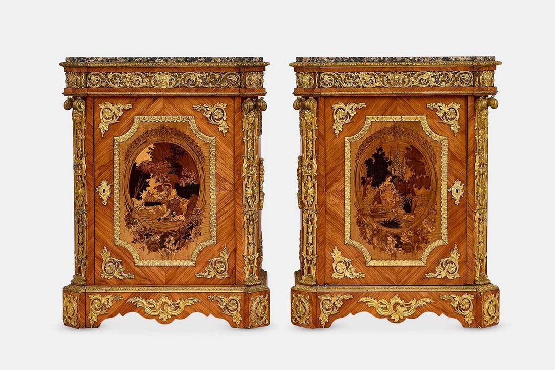 A pair of Louis XV-style kingwood, marquetry and ormolu pier cabinets, second half of the 19th (1 of 8)