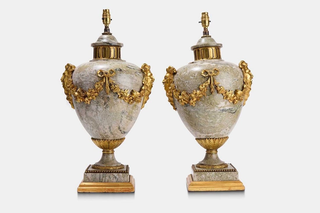 A pair of Louis XVI-style carved marble and ormolu table lamps, late 19th century, French, (1 of 3)