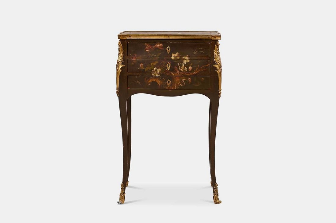 A Louis XV-style painted bedside dressing table, late 19th/early 20th century, French,: A Louis XV-style painted bedside dressing table, late 19th/early 20th century, French, the painted top depicting a pastoral scene in the 'fête galante' style, opening to reveal a blue baize-lined