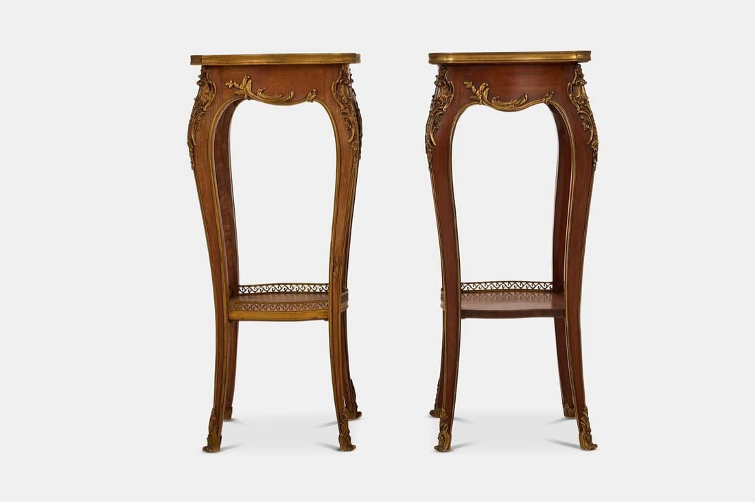 A matched pair of Louis XV-style mahogany and ormolu side tables, late 19th century, French, (1 of 6)