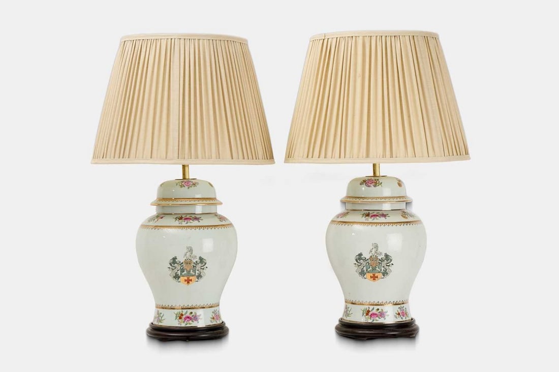 A pair of Chinese-style famille rose porcelain table lamps, 20th century, (1 of 3)