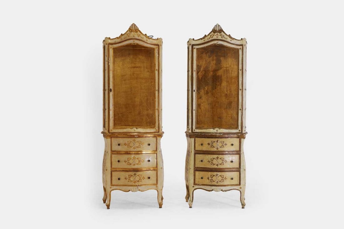 A pair of painted and parcel-gilt wooden vitrines, 20th century, Italian, (1 of 6)