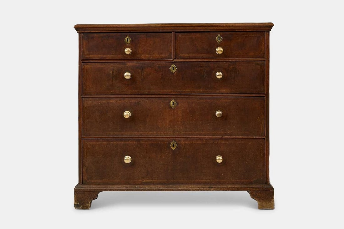 A Queen Anne walnut chest of drawers, first quarter of the 18th century and later, (1 of 7)
