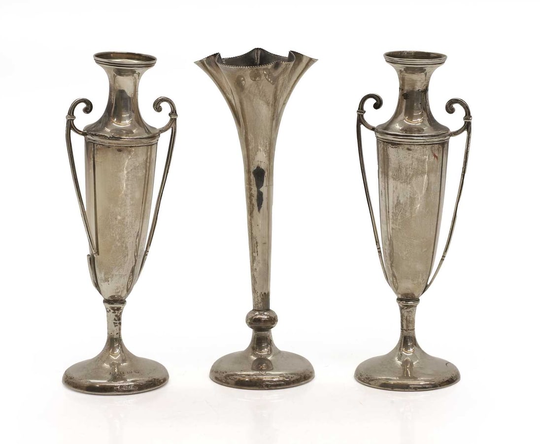 A pair of silver urn shaped spill vases, Birmingham, 1908, (1 of 1)