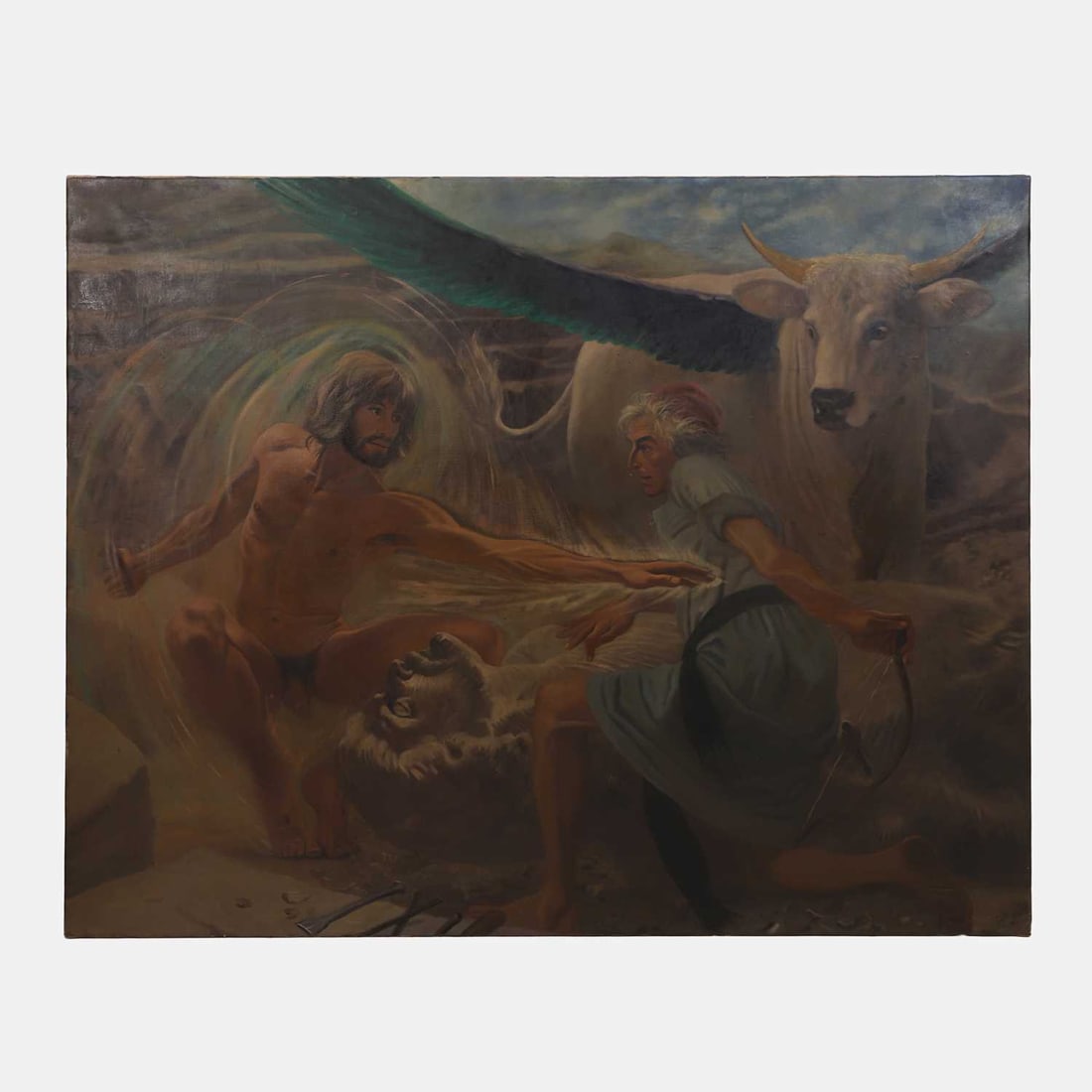 André Durand (Canadian, b.1947) Sigurd drinking the blood of a dragon, a young boy watching, ho: André Durand (Canadian, b.1947) Sigurd drinking the blood of a dragon, a young boy watching, holding a cross, standing by a ram signed and dated '1979', oil on canvas 110.5 x 138.5cm; framed 127