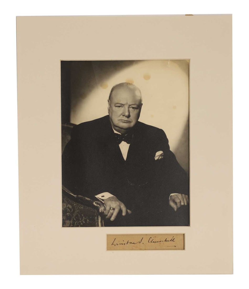 A signed photographic portrait of Sir Winston Churchill, by Florence Vivienne Entwistle, nee Mellish: A signed photographic portrait of Sir Winston Churchill, by Florence Vivienne Entwistle, nee Mellish (1889-1982), circa 1950, signed by Churchill on mount 'Winston S. Churchill', photographer's stamp