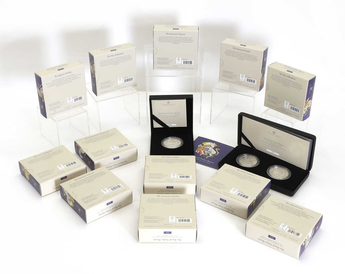 A collection of Royal Mint The Royal Tudor Beasts silver proof coins,: A collection of Royal Mint The Royal Tudor Beasts silver proof coins, comprising The Seymoure Unicorn 2024 silver proof two-coin set, three 1oz proof coins, and nine 2oz proof coins 13