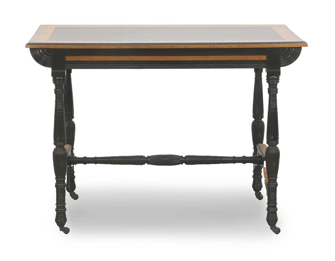 A satinwood and ebonised crossbanded hall side table, circa 1890, attributed to Collinson and Lock, (1 of 2)