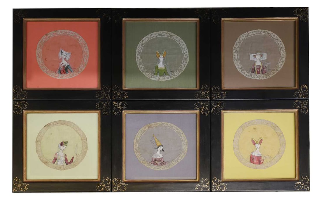 'Sybille', a set of six painted lace panels, 20th century,: 'Sybille', a set of six painted lace panels, 20th century, each of circular form, painted with medieval ladies, mounted and framed, each signed 25.5 x 25.5cm overall, panels 14cm diameter 4 Condition 