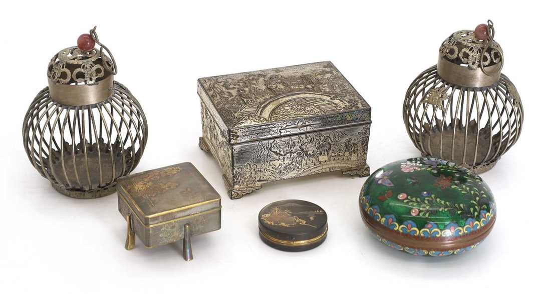 Two Komai boxes, c.1900-30,: Two Komai boxes, c.1900-30, one square form on lug supports, signed, a compact and cover, with a mirrored lid, an enamelled and closonne bowl and cover, two cricket cages, and a metalware casket 5.5cm