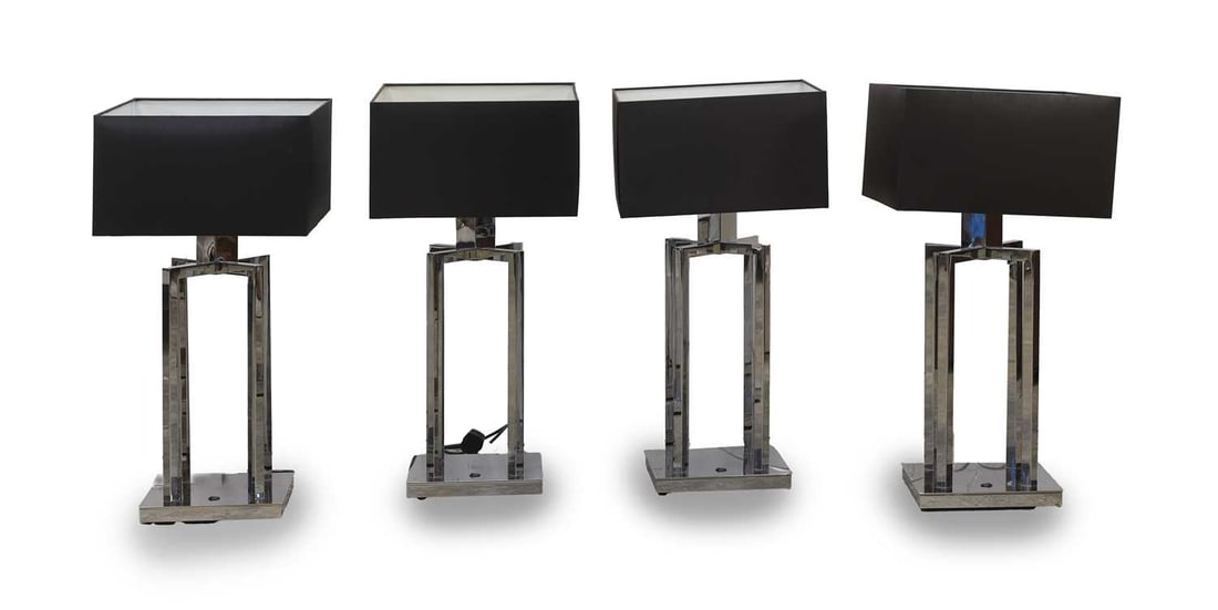 A collection of four Ilfari table lamps, of recent manufacture,: A collection of four Ilfari table lamps, of recent manufacture, the chrome supports with a square base, all with black square shades 23.5cm wide, 55cm high 4 Condition Report: PAT passed 04.09.26
