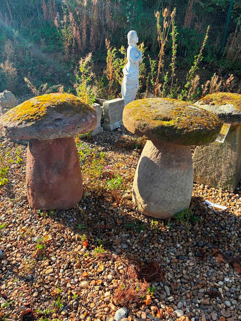 A pair of carved sandstone staddle stones, 18th-20th century,: A pair of carved sandstone staddle stones, 18th-20th century, of typical form The largest 55cm wide, 70cm high 2