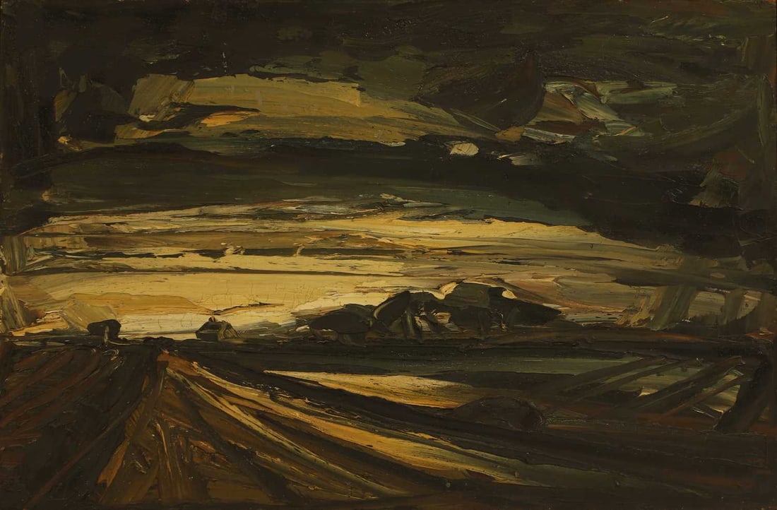 David Smith (British, 1930-1999) 'Black Horse Drove, Norfolk': David Smith (British, 1930-1999) 'Black Horse Drove, Norfolk' signed 'DAVID SMITH' and inscribed with title verso, oil on board 80.5 x 121.5cm; framed 86.5 x 128cm Condition Report: Cracking an