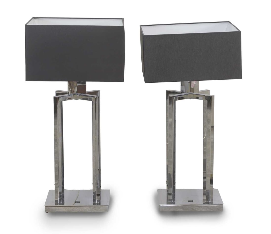 A collection of two Ilfari table lamps, of recent manufacture,: A collection of two Ilfari table lamps, of recent manufacture, the chrome supports with a square base, one with a black square shade and the other with a grey 23.5cm wide, 55cm high 2 Condition Report