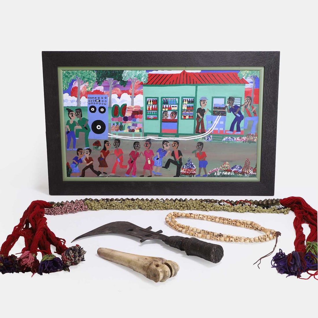 A group of African art, 19th century and later,: A group of African art, 19th century and later, a carved bone marrow scoop, a bone necklace of carved skulls, a belt, oil on canvas of a market scene by Albert Artwell (1941-2018), and a Mangbetu
