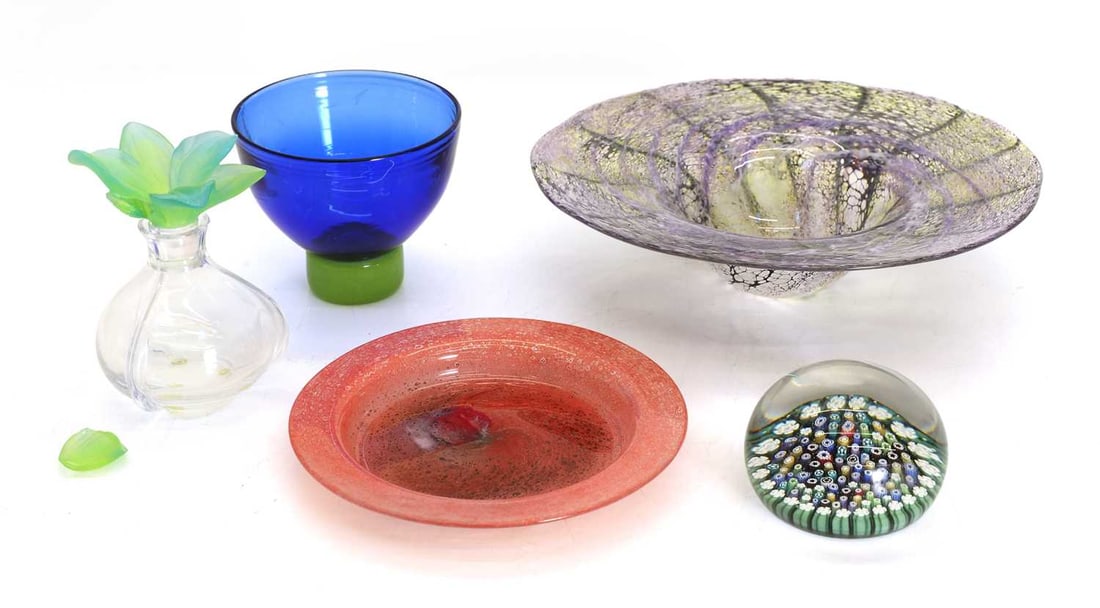 A Whitefriars millefiori paperweight 20th century,: A Whitefriars millefiori paperweight 20th century, two glass dishes, a Daum scent bottle and stopper, damaged, and a blue and green glass bowl largest, 23.5cm diameter 5 Condition Report: Daum scent b