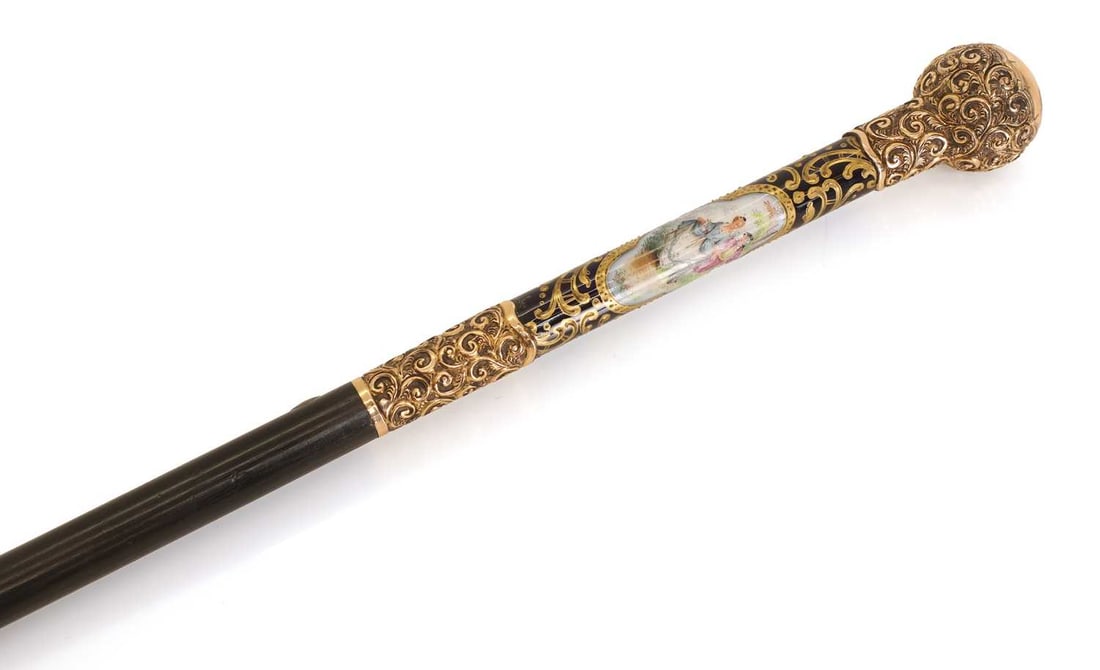 A Continental porcelain and brass-mounted walking cane, circa 1900, - 2