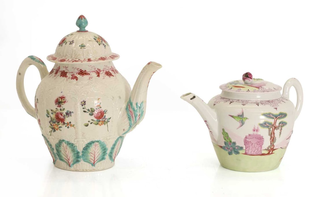 A Seth Pennington, Liverpool 'Palm Tree' teapot and cover circa 1775-1780,: A Seth Pennington, Liverpool 'Palm Tree' teapot and cover circa 1775-1780, moulded with panels, decorated in pink and turquoise, and another Worcester Dr Wall 'Valentine Pattern' teapot 19cm and 12.5c