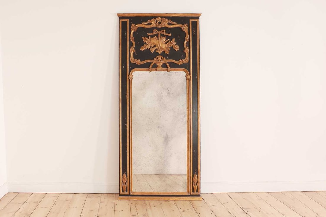 A Louis XV-style painted trumeau mirror,: A Louis XV-style painted trumeau mirror, late 20th century, French, the frame decorated with neoclassical motifs, around an acid-aged plate 95cm wide, 202cm high