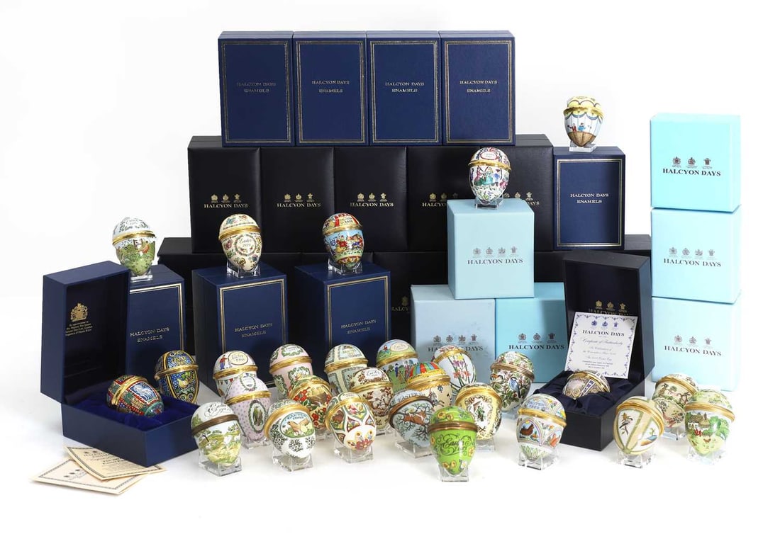 A collection of Halcyon Days Easter eggs, 1973 onwards,: A collection of Halcyon Days Easter eggs, 1973 onwards, a collection of fifty three Easter eggs ranging from 1973 until 2025, some boxed, the earlier examples largely without boxes, the collection