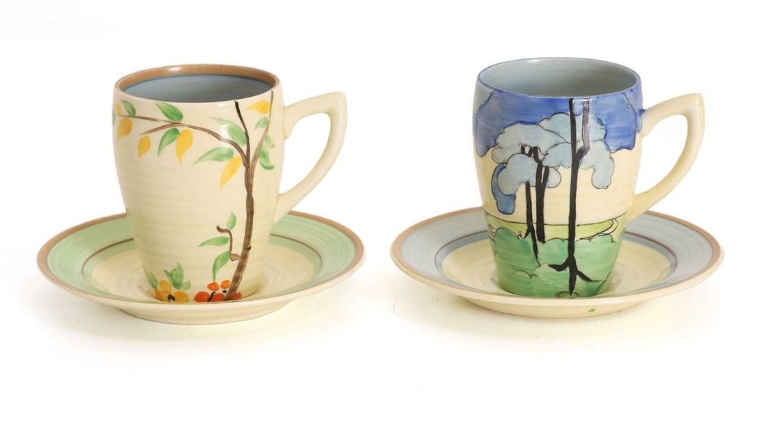 A Clarice Cliff 'Blue Firs' pattern cup and matched saucer, 1930s, (1 of 1)
