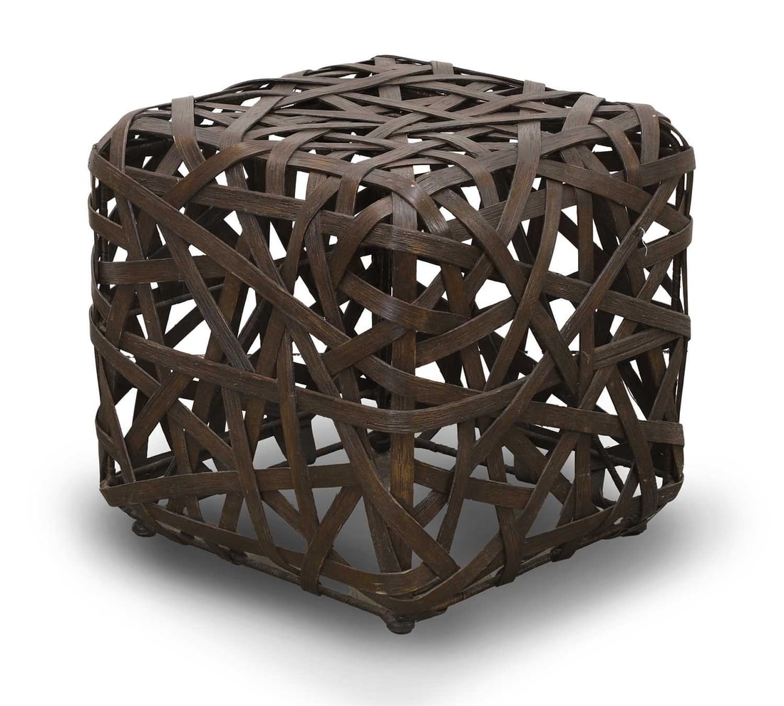 A Jacinta style stool, of modern manufacture,: A Jacinta style stool, of modern manufacture, the crossed wood with metal internal frame 45cm wide, 47cm high