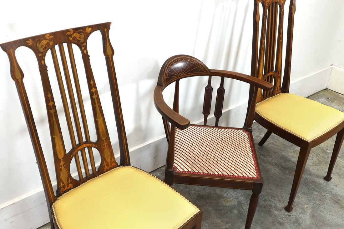 A pair of inlaid mahognay hall chairs, c.1900, - 2