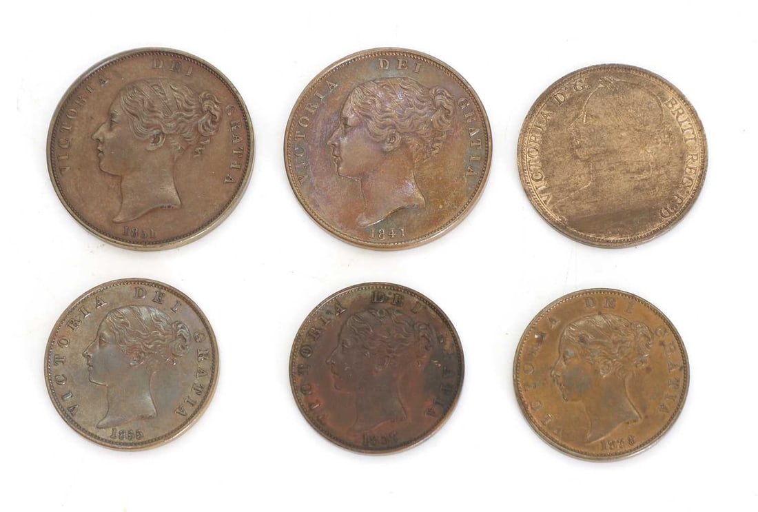 Coins, Great Britain, Victoria (1837-1901),: Coins, Great Britain, Victoria (1837-1901), Halfpenny, 1838, EF with traces of lustre, together with a Penny, 1841, no colon after REG, EF with traces of lustre to the reverse, a Penny, 1851, EF, a Ha