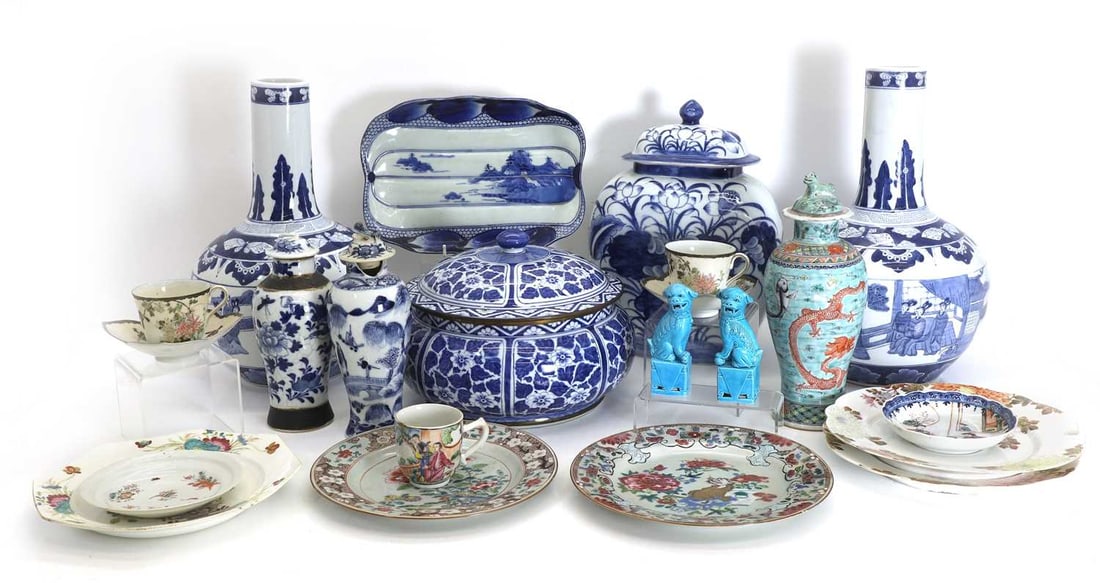 Three Chinese Export plates, 18th century,: Three Chinese Export plates, 18th century, a Chinese dish, a pair of Chinese blue and white bottle vases, modern, three vases and covers, a blue and white bowl and cover, and another vase and cover, a