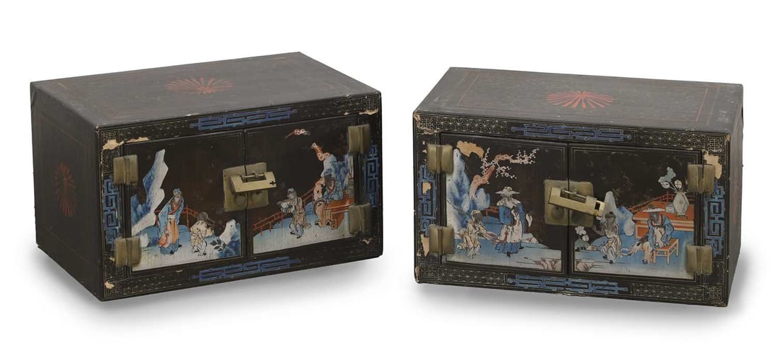 A pair of Chinese painted cabinets, 20th century,: A pair of Chinese painted cabinets, 20th century, decorated with courting scene in a rock garden landscape 48.5cm wide, 32cm deep, 28.5cm high 2 Condition Report: Peeling to the paint and paper. The l