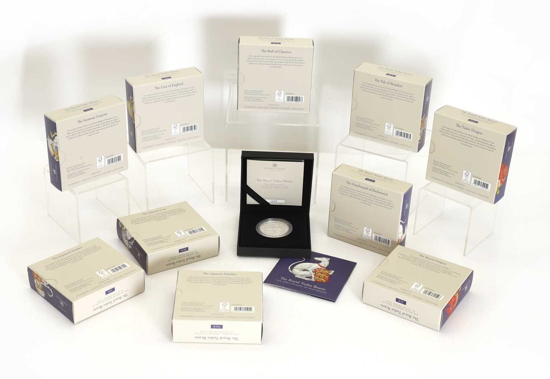 A group of ten Royal Mint The Royal Tudor Beasts silver proof coins,: A group of ten Royal Mint The Royal Tudor Beasts silver proof coins, comprising nine 1oz proof coins and a 2oz proof coin