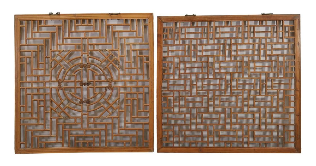 A pair of pierced wooden window panels, 19th century, Chinese,: A pair of pierced wooden window panels, 19th century, Chinese, with lattice detail