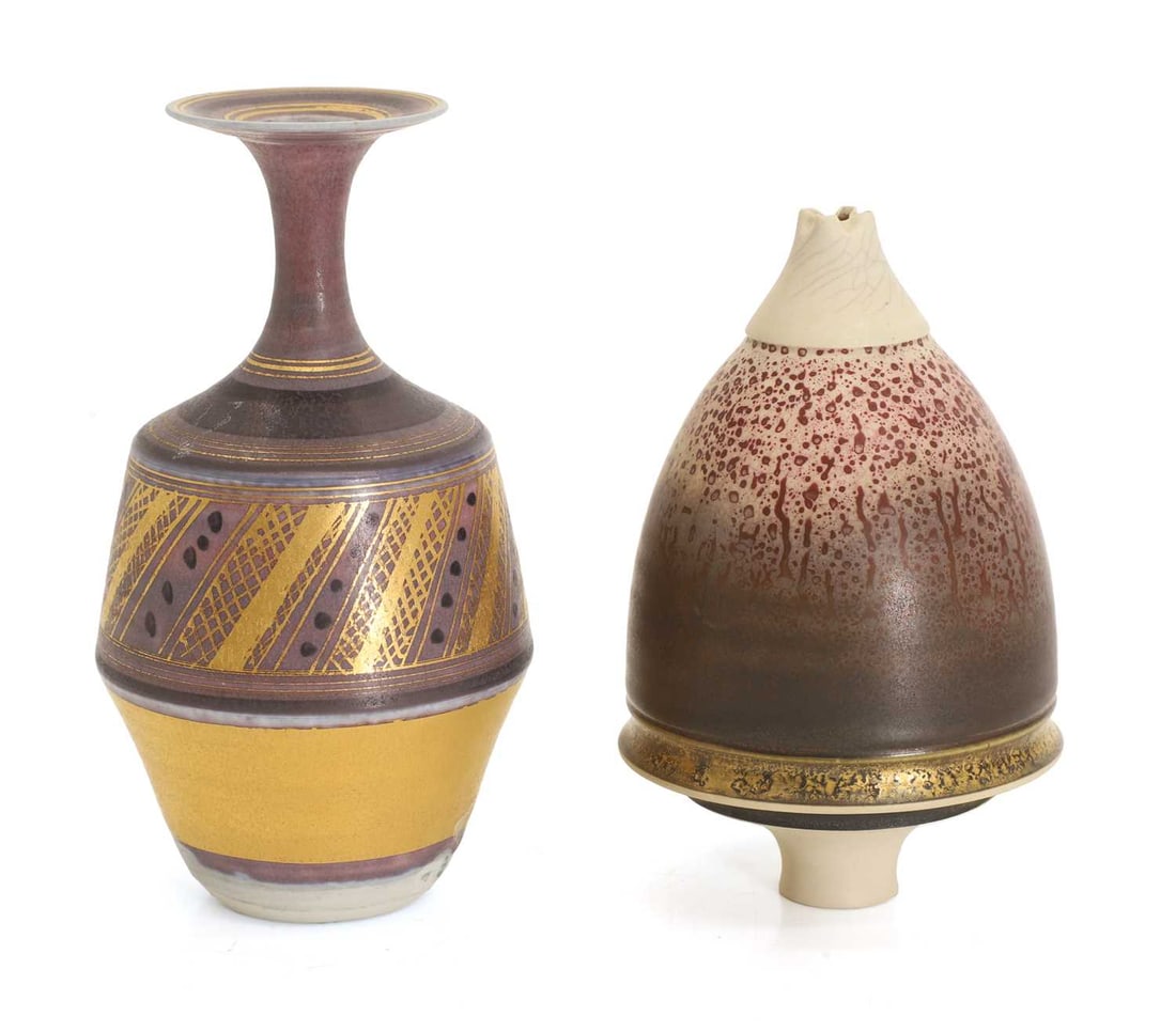 Mary Rich (1940-2022) a porcelain vase,: Mary Rich (1940-2022) a porcelain vase, with a wide rim, slender neck and waisted body, in purple and gold, stamped artist's seal, another vase, by Geoffrey Swindell (b.1945), of acorn form, with a