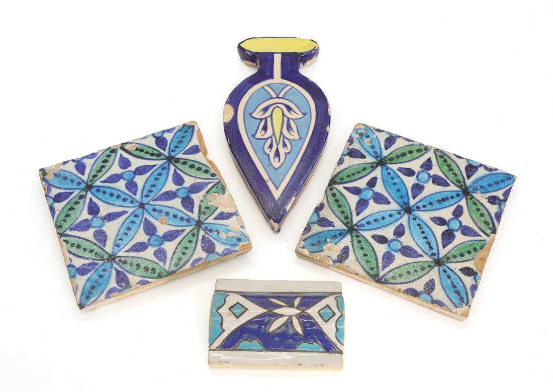Two Multan cobalt-blue, turquoise and green glazed pottery tiles, 19th-20th century, Pakistan, Punja (1 of 2)