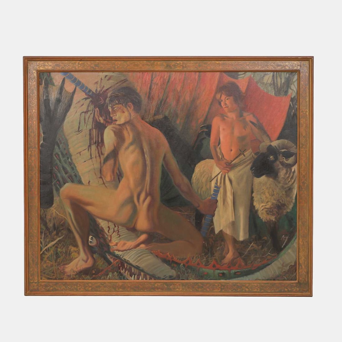 André Durand (Canadian, b.1947) A sculptor, a nude man, and a winged bull: André Durand (Canadian, b.1947) A sculptor, a nude man, and a winged bull oil on canvas, unframed 121.5 x 152cm