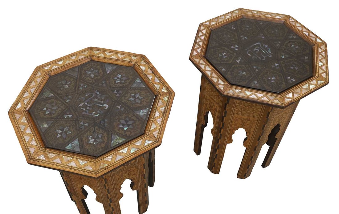 A near pair of Syrian inlaid occasional tables, circa 1890, - 2