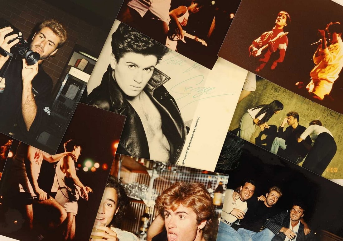 Forty-nine photographs of Wham! and George Michael, many on-stage images, taken by Siobhan Bailey,: Forty-nine photographs of Wham! and George Michael, many on-stage images, taken by Siobhan Bailey, George with a video camera, relaxing and on a photo shoot, one with a facsimile signature, one with