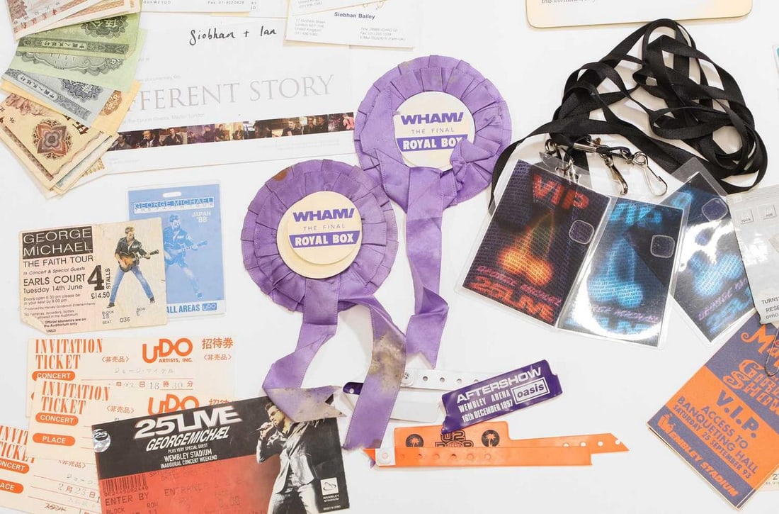 Wham! and George Michael tickets, passes and invitations, including two Wham! Royal Box rosettes for: Wham! and George Michael tickets, passes and invitations, including two Wham! Royal Box rosettes for 'The Final' concert, seven 'Faith' Siobhan Bailey business cards, two invitations to 'Madonna The