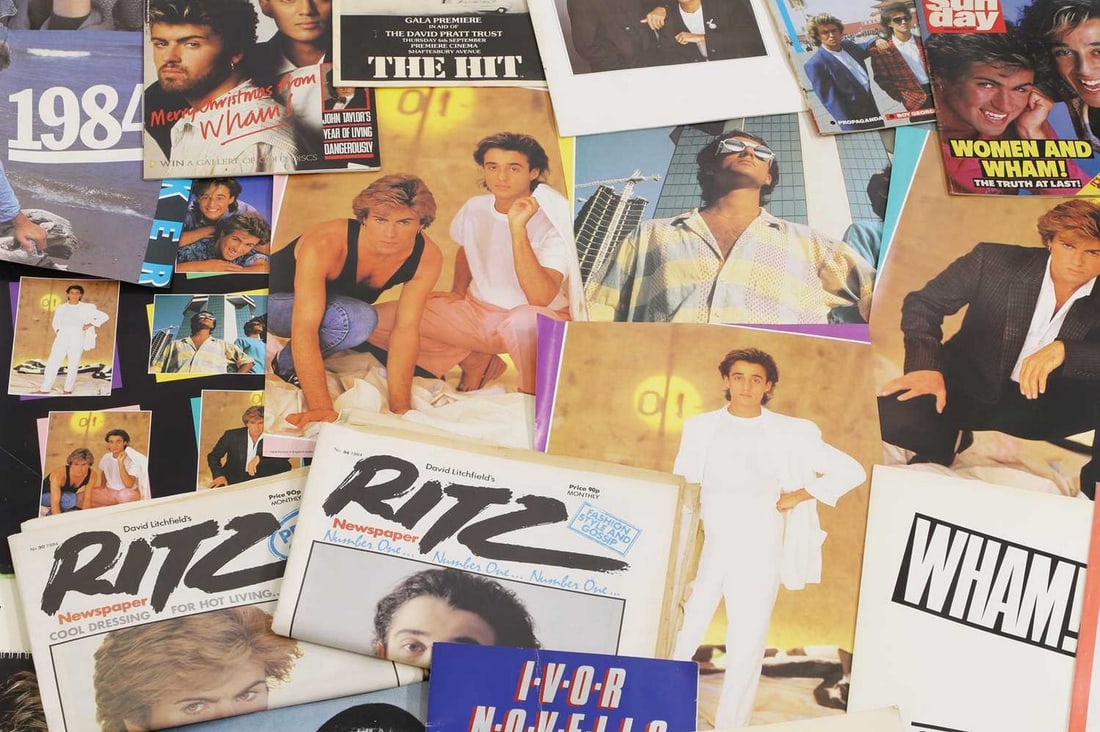 Wham! and other pop music memorabilia, comprising:: Wham! and other pop music memorabilia, comprising: a Wham! five-poster set, official calendars for 1984, 1986 and 1987, a George Michael calendar 1987, Wham! sheet music, Wham! Official Fan Club pack,