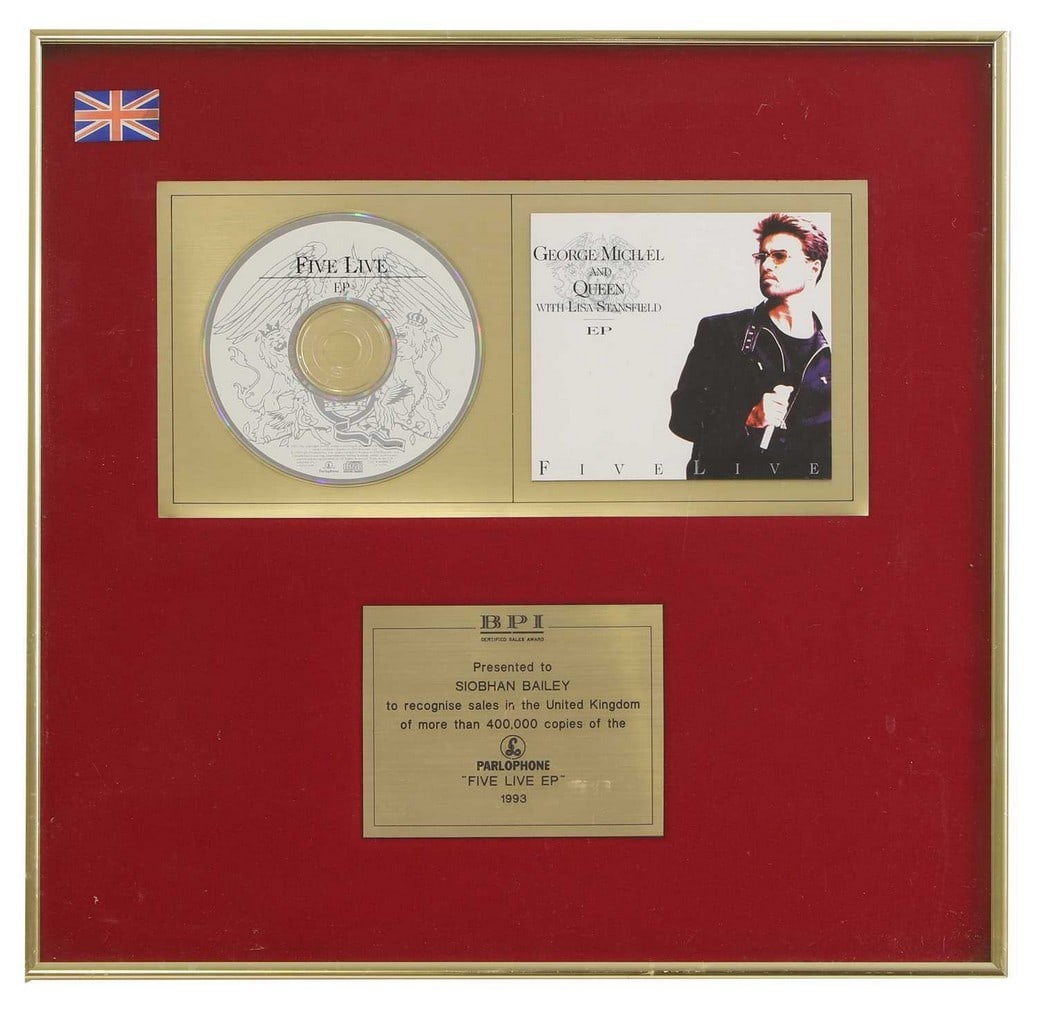 A framed and mounted presentation CD, George Michael and Queen with Lisa Stansfield, 'Five Live' EP,: A framed and mounted presentation CD, George Michael and Queen with Lisa Stansfield, 'Five Live' EP, with presentation plaque inscribed 'Presented to Siobhan Bailey to recognise sales in the United Ki