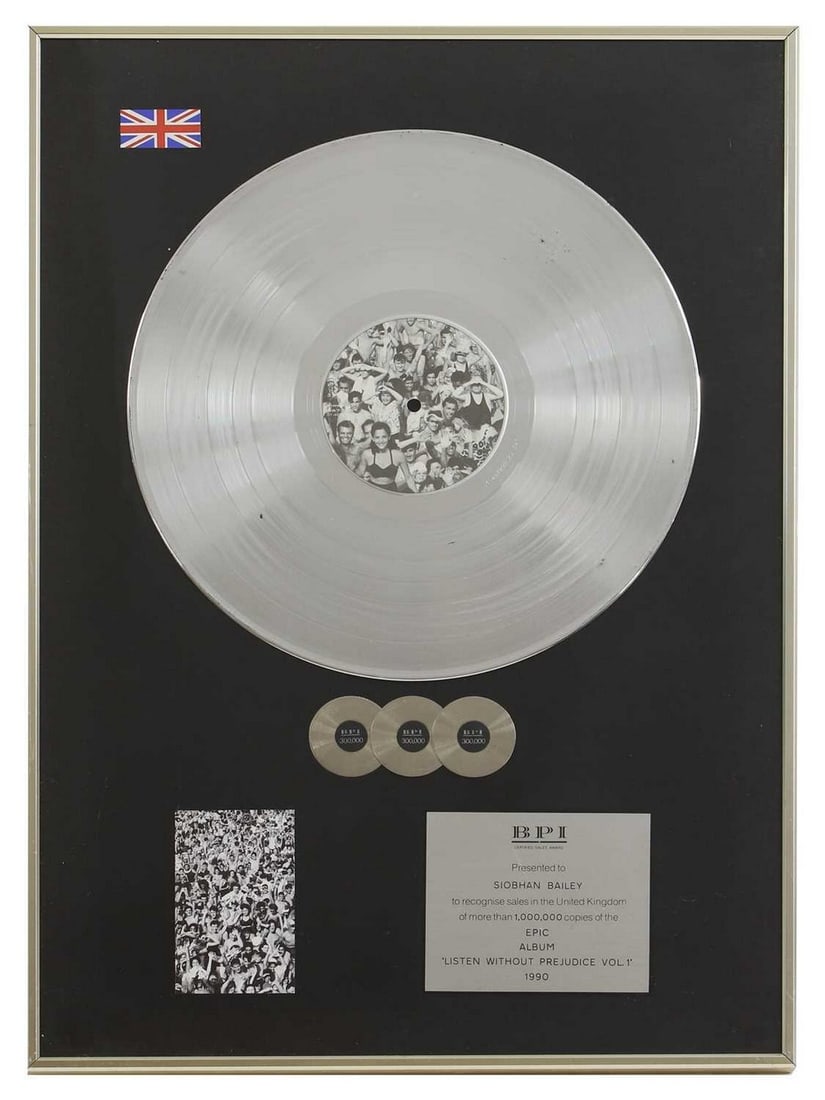 A platinum disc, George Michael, 'Listen Without Prejudice Vol. 1',: A platinum disc, George Michael, 'Listen Without Prejudice Vol. 1', mounted with three mini discs, a detail from the album sleeve and a presentation plaque inscribed 'Presented to Siobhan Bailey to