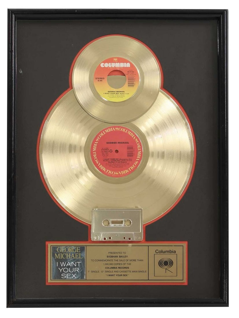 A gold disc, George Michael 'I Want Your Sex',: A gold disc, George Michael 'I Want Your Sex', a mounted 7-inch single and cassette with a presentation plaque, inscribed 'Presented to Siobhan Bailey to commemorate the sale of more than 1,000,000