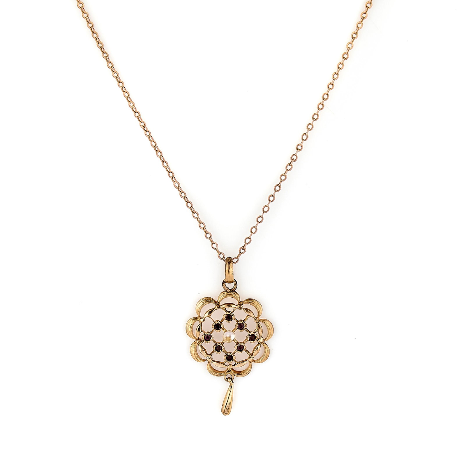 An early 20th century pendant necklace,: An early 20th century pendant necklace, the cable link chain to a barrel clasp, stamped 9ct, suspending a gilt metal lavalliere pendant (Chain length 50cm; chain weight 2.9g) Condition Report: Light