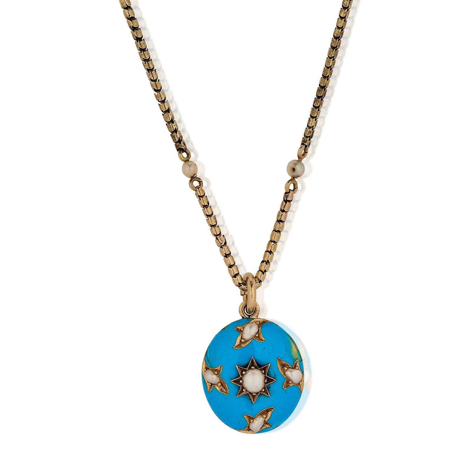 A Victorian enamel and split pearl pendant necklace,: A Victorian enamel and split pearl pendant necklace, the oval form pendant decorated with turquoise blue enamel and star set with circular and baroque shaped split pearls, the reverse with a glazed