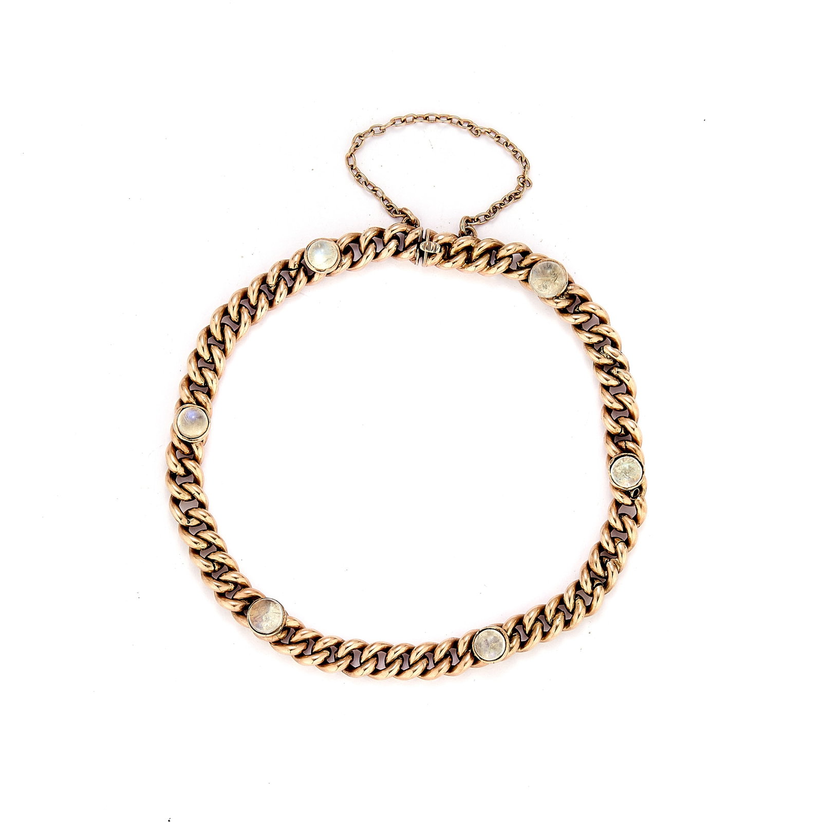 An Edwardian gold moonstone bracelet,: An Edwardian gold moonstone bracelet, the curb link bracelet accented with round cabochon moonstones in bezel setting, stamped 9ct (Length 18cm; 7.8g) Condition Report: Scratches and marks to
