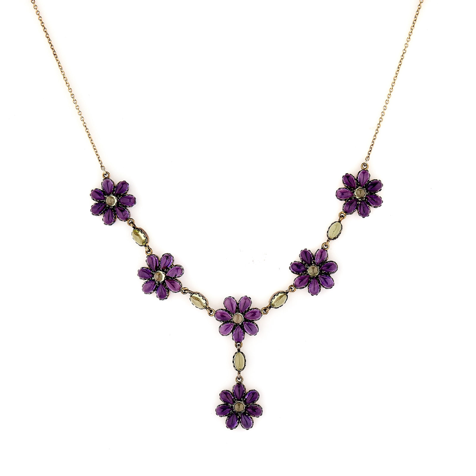An amethyst and peridot pendant necklace,: An amethyst and peridot pendant necklace, the front comprising five cabochon amethyst and peridot florettes, spaced by peridot set links, suspending a similarly set amethyst and peridot drop, to a