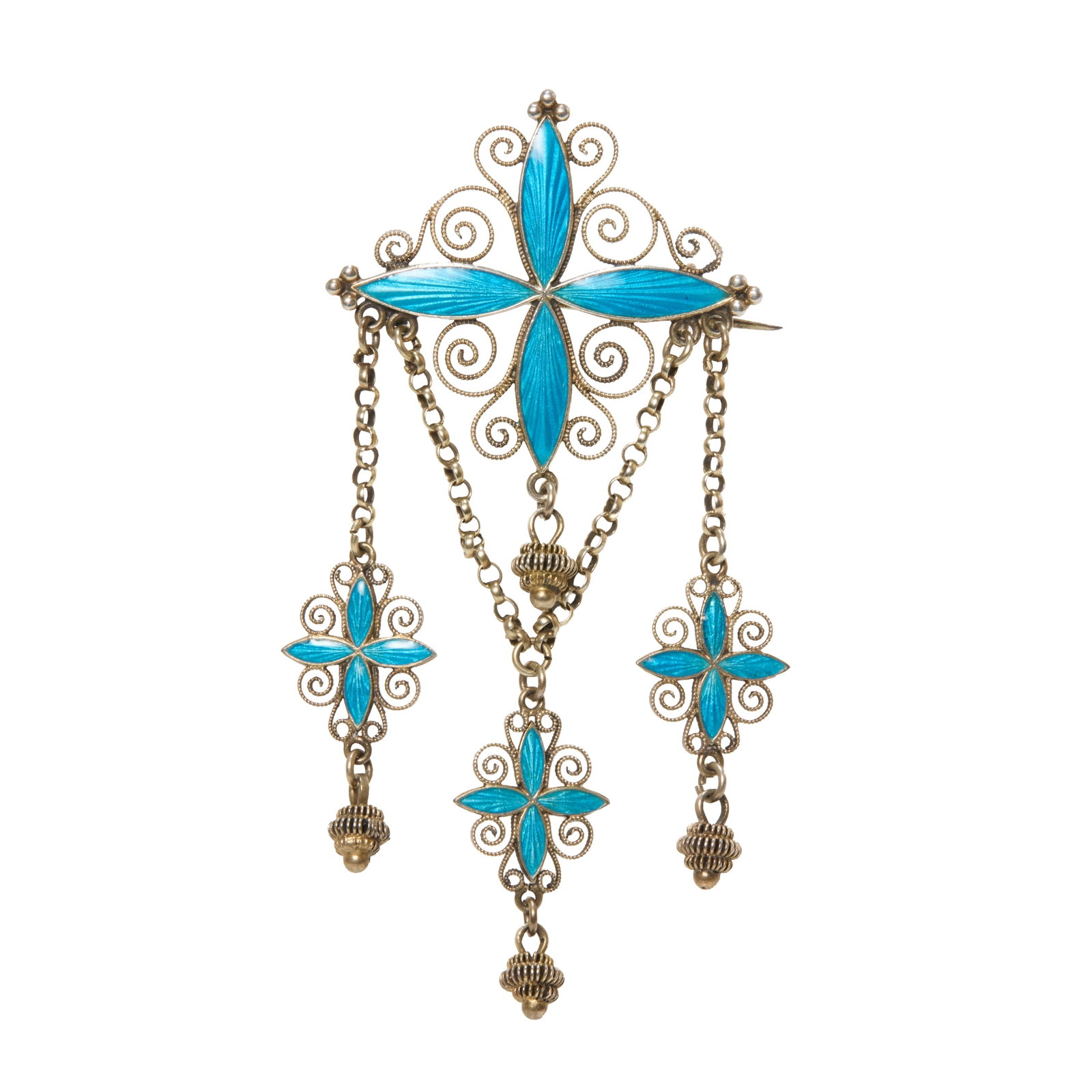 Marius Hammer, a Norwegian silver gilt and enamel brooch,: Marius Hammer, a Norwegian silver gilt and enamel brooch, designed as blue guillochÈ enamel quatrefoil applied with milled and scrolled wirework, suspending chain swags with similarly decorated