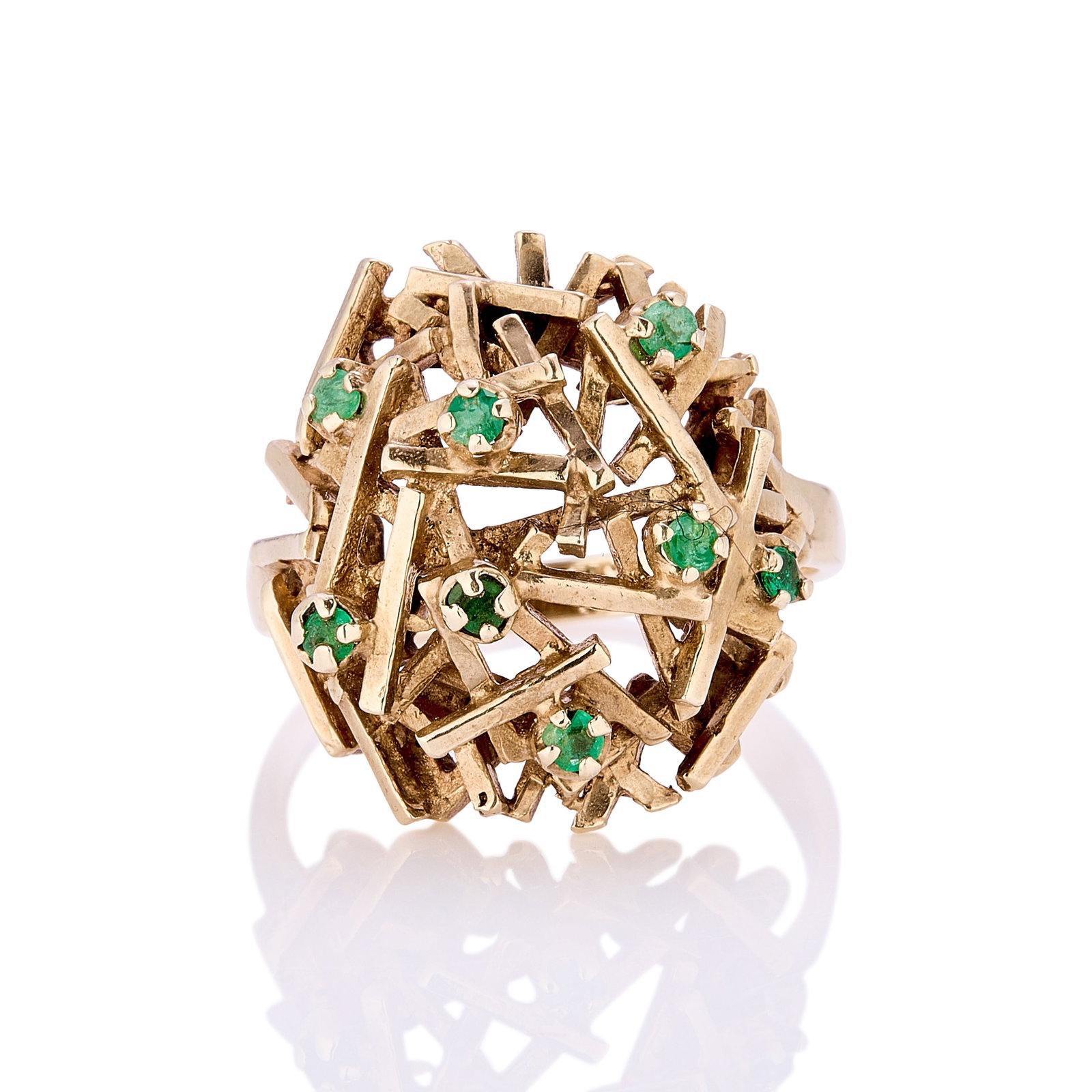 A 9ct gold emerald modernist design ring, (1 of 2)