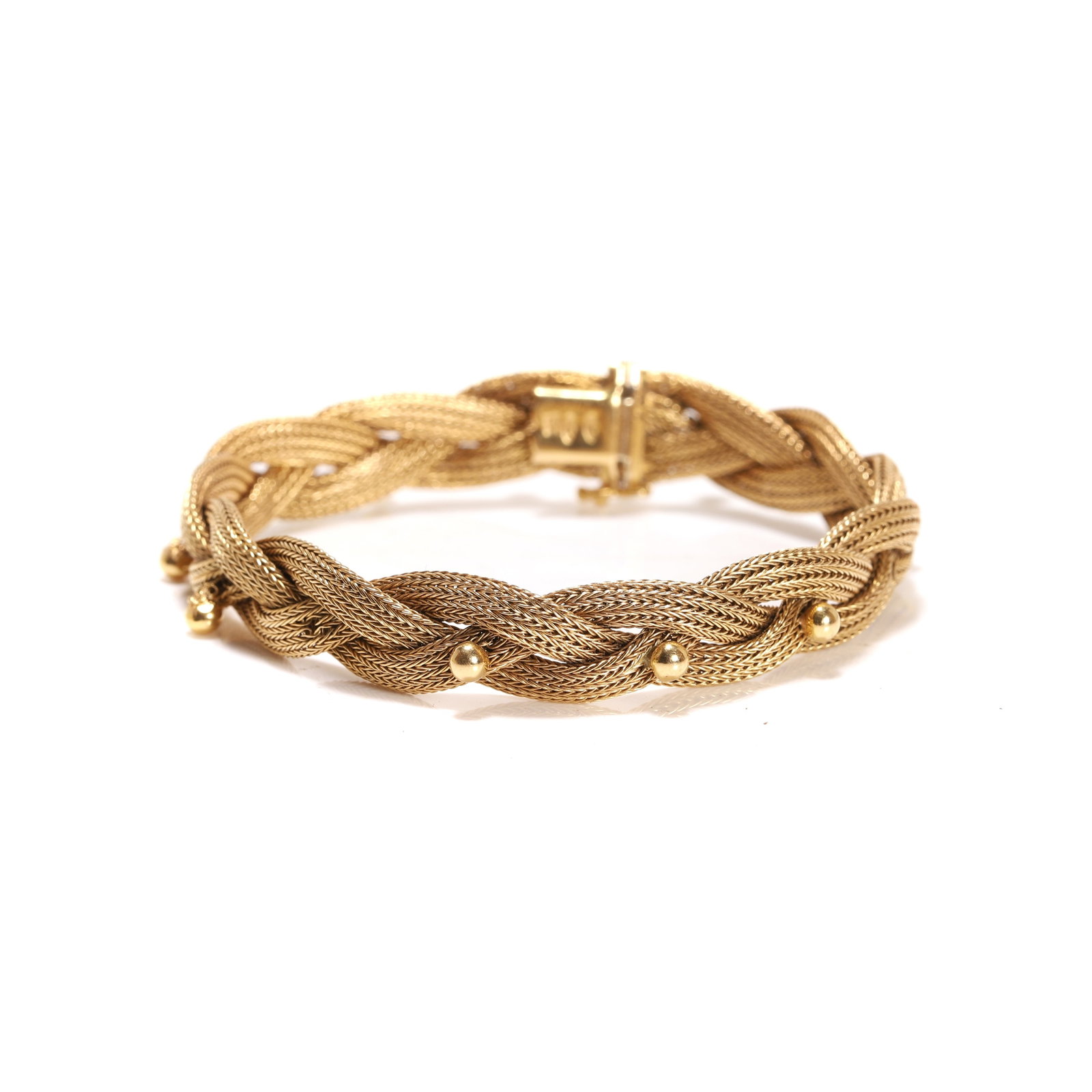 An Italian gold mesh bracelet, mid 20th century,: An Italian gold mesh bracelet, mid 20th century, designed as a three-row plaited mesh, accented with gold beads, to a push bar clasp, stamped 750, Italian marks 1944-68, 20VR for Fratelli Filippini